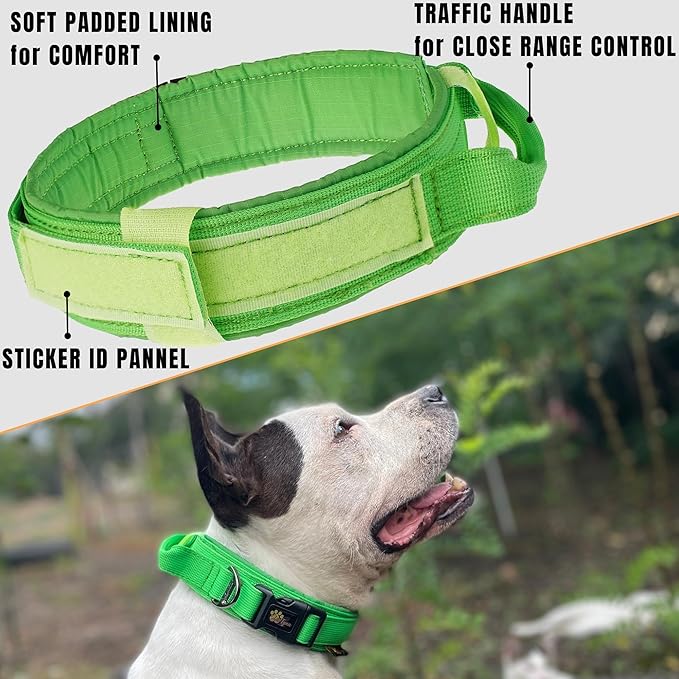 ADITYNA Tactical Dog Collar for Large Dogs - Soft Padded, Heavy Duty, Service, Adjustable Military K9 Green Collar with Handle for Training and Walking