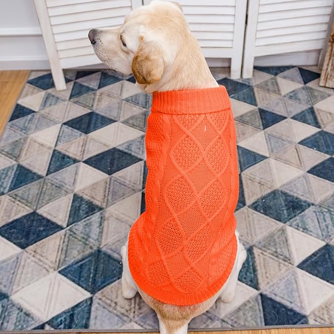 Mihachi Turtleneck Dog Sweater - Winter Coat Apparel Classic Cable Knit Clothes with Leash Hole for Cold Weather, Ideal Gift for Pet in New Year Orange Large