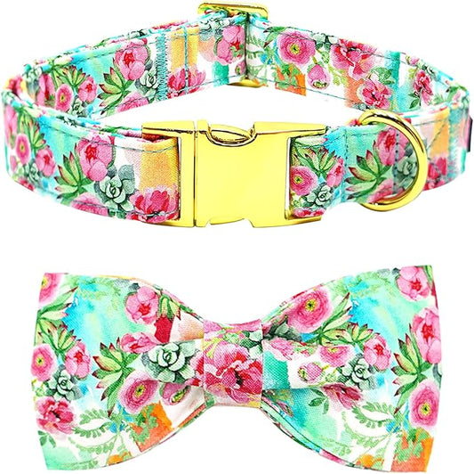 Dog Collar Cute Flowers Print Pet Collar Soft Dog Collar with Bow Adjustable Metal Buckle Collar Gift Collar for Small Dogs