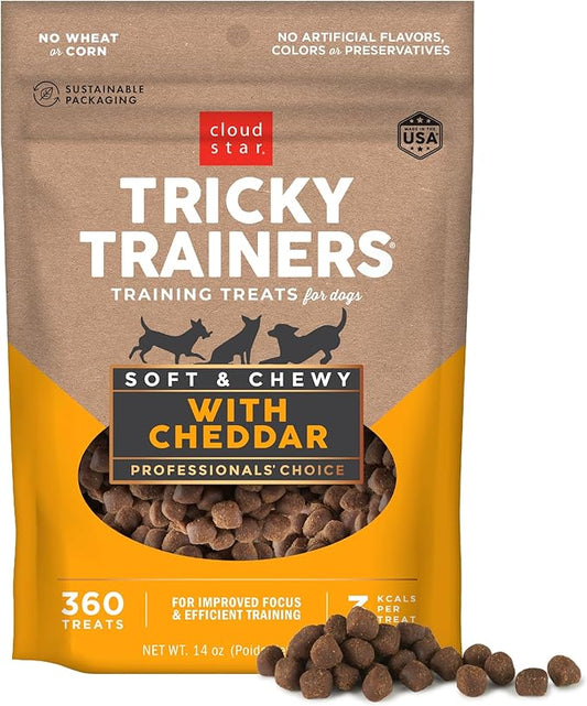 Cloud Star Tricky Trainers Soft & Chewy Dog Training Treats 14 oz. Pouch, Cheddar Flavor, Low Calorie Behavior Aid with 360 treats