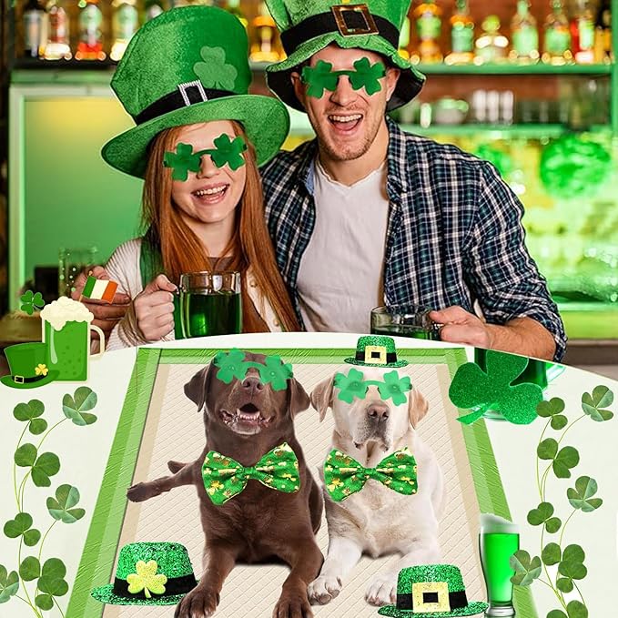 St Patrick's Day Dog Costume 3 Pcs Irish Leprechaun Green Tall Hat Pet Shamrock Sunglasses Bow Tie Kit for Large Dogs Saint Patricks Day Parties Dog Outfits (Large, Irish buckle hat bowtie sunglasses)