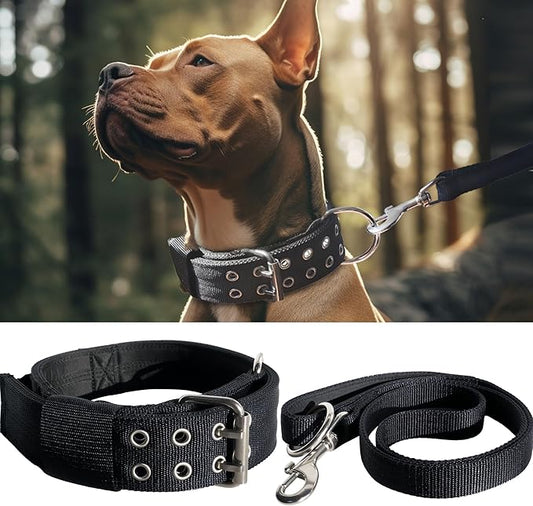 Large Dog Collar and Leash Set- Black Heavy Duty Collar and Leash for Gaint Breed Dogs, 2in Wide with Handle Collar and 5 ft Leash, Strong Nylon and Stainless Hardware, 22"-27"