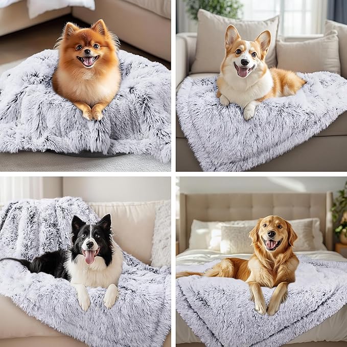 Luciphia Large Waterproof Dog Blanket for Pet Washable Liquid Proof Furniture Protector Shaggy Plush Calming Long Faux Fur Bed Cover for Couch Calming Cat Blankets for Medium, Mist Grey, 60" x 80"