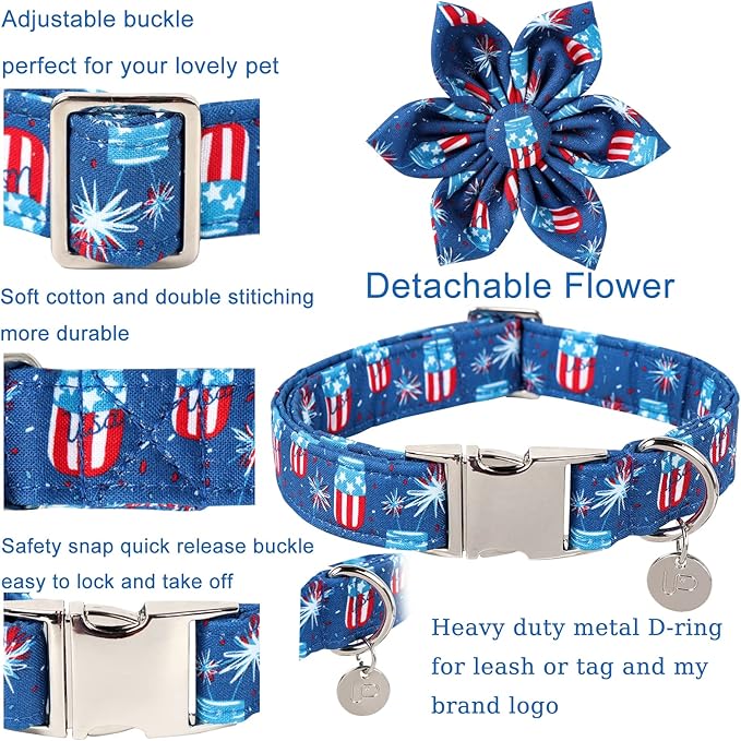 4th of July Dog Collar with Bow Tie, Patriotic Flower Dog Collar, American Flag Collar for X-Large Boy Girl Dog, Comfortable Summer Flower Collar with Metal Buckle, XL