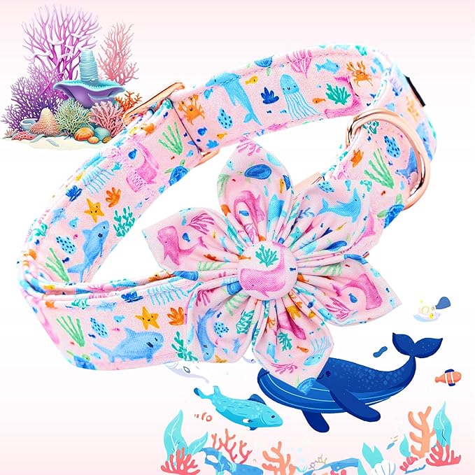 Lionheart glory Dog Collar Flower Collar Pink Dog Collars with Flower Summer Cute Sea Animals Print Collar Dog Female Soft Durable Adjustable Dog Collars for Small Dogs