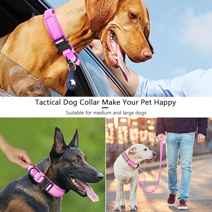 DAGANXI Tactical Dog Collar, Adjustable Military Training Nylon Dog Collar with Control Handle and Heavy Metal Buckle for Medium and Large Dogs, with Patches and Airtags Case (L, Pink-Set)