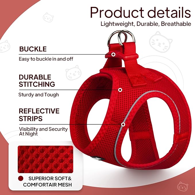 TwoEar Cat Harness Escape Proof, Soft Dog Vest Harness Adjustable, Breathable Mesh Step-in Puppy Walking Jacket Reflective Easy Control for Extral Small Pets for Outdoor Walking(XXS, Red)