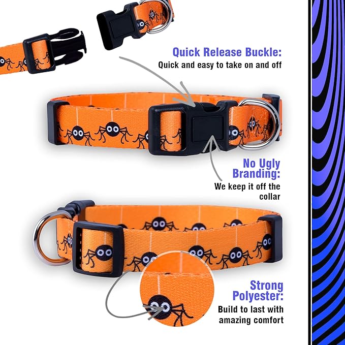 Native Pup Halloween Dog Collar- Spooky Fall Themed Horror Costume Collars- Skull, Pumpkin, Ghost, Bat, Witch, Candy Corn, Spider- Adjustable for Small, Medium, Large Breeds (Medium, Spiders)