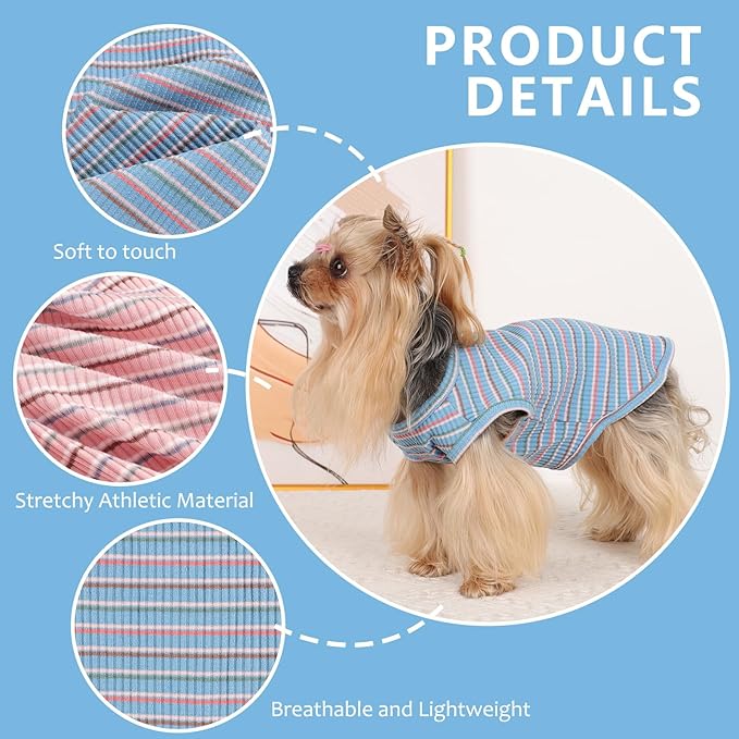 2Pack Dog Shirts for Small Dogs Girl Boy Striped Dog Shirt Vest Soft Stretchy Puppy Clothes Sleeveless Colorful Sweatshirt Small Puppy Outfit for Chihuahua Yorkie, Pink+Blue, S
