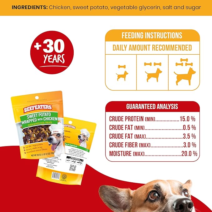Beefeaters Sweet Potato Wrap with Chicken 28oz – Dog Treat. No Corn, Wheat, Soy or Gluten, Low Fat, Whole Muscle Jerky, Ideal for Training & Snacks