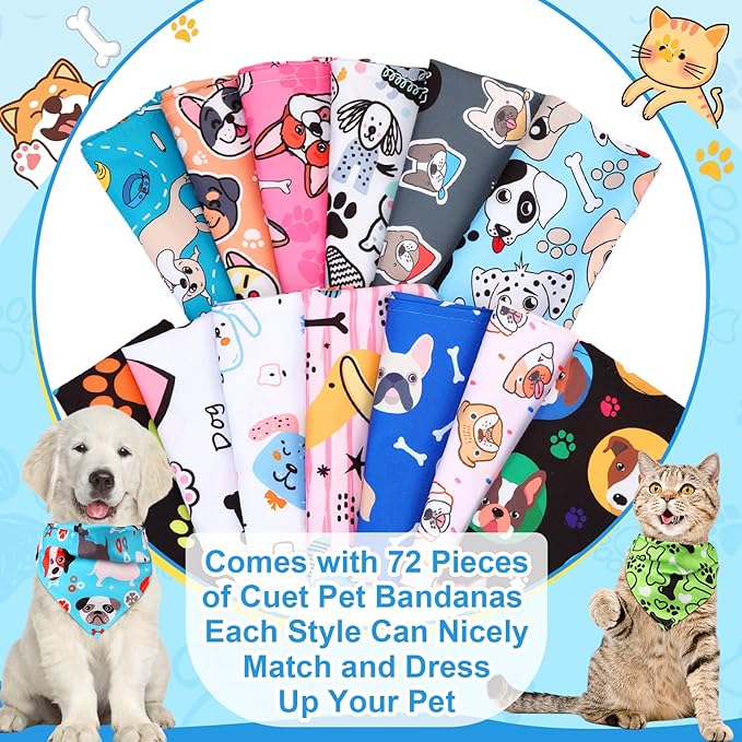 72 Pcs Dog Bandanas Bulk for Summer Adjustable Washable Pet Triangle Scarf Soft Kerchief Bib for Summer Holiday Pet Costume Accessories(Cartoon Pattern)
