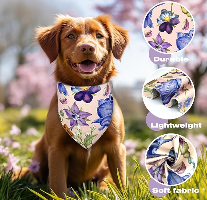 Summer Dog Bandanas 2 Pack, 4 Pattern Reversible Spring Flower Dog Bandana, Adjustable, Washable, Triangle Scarf for Medium to Extra Large Breed Dogs, boy and Girl (X-Large)