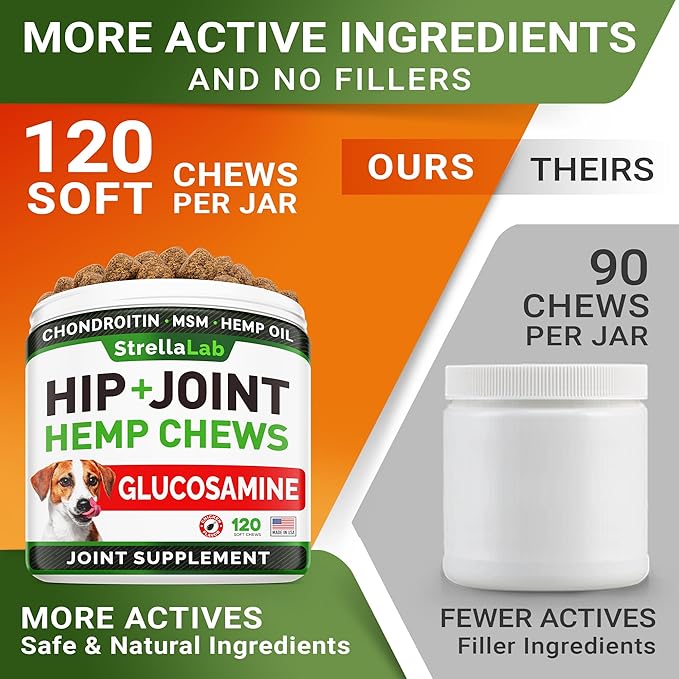 STRELLALAB Health & Wellness Supplements for Dogs, Various Formulas & Benefits - Hemp Hip & Joint Supplement for Dogs - Hemp Chews for Dogs