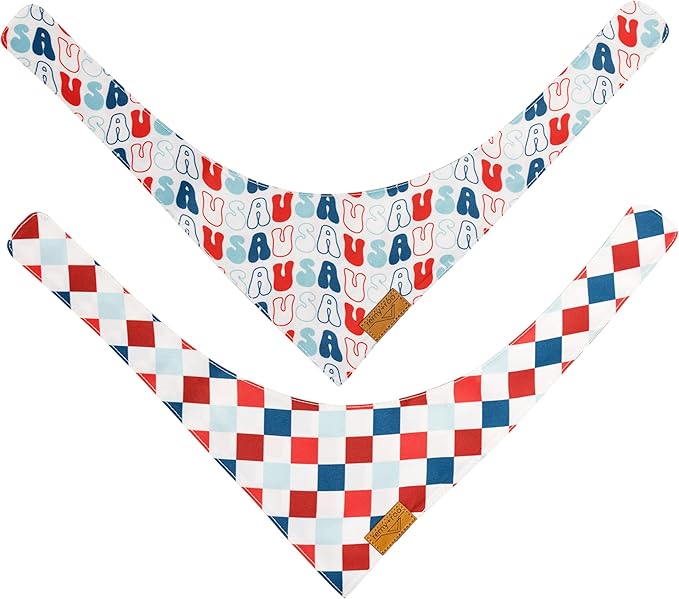 Remy+Roo Small 4th of July Dog Bandanas - 2 Pack USA Set | Premium Durable Adjustable Polyester Fabric | Patented Shape Dog Bandanas | Summer Dog Bandana | American Flag Dog Bandana