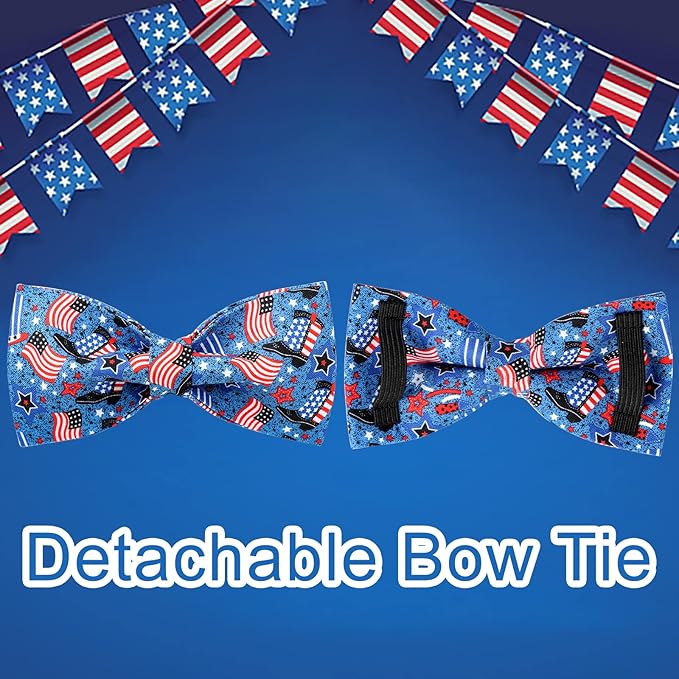 Patriotic Dog Collar with Bow Tie, 4th of July Bowtie Dog Collar, American Flag Collar for X-Large Boy Girl Dog, Comfortable Summer Bowtie Collar with Metal Buckle, XL