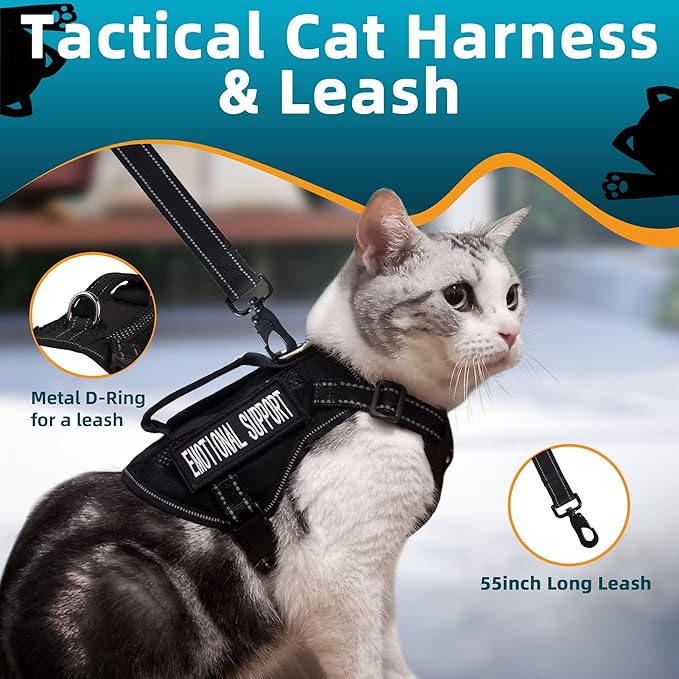 Tactical Cat Harness and Leash Black for Walking Esacpe Proof, Adjustable Soft Mesh Large Cat Vest with Handle Easy to Control,Molle Patches L
