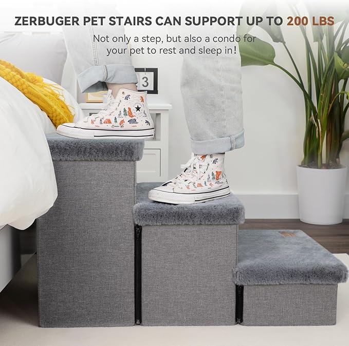 Dog Stairs with Furry Lids 18" H, 3-Step Wider Dog Steps with Storage for Small/Medium/Large Old Dogs Cats, Folding Sturdy Pet Stairs Climbing Bed Couch, Ramp for Car Hold Up to 200 lbs, Grey
