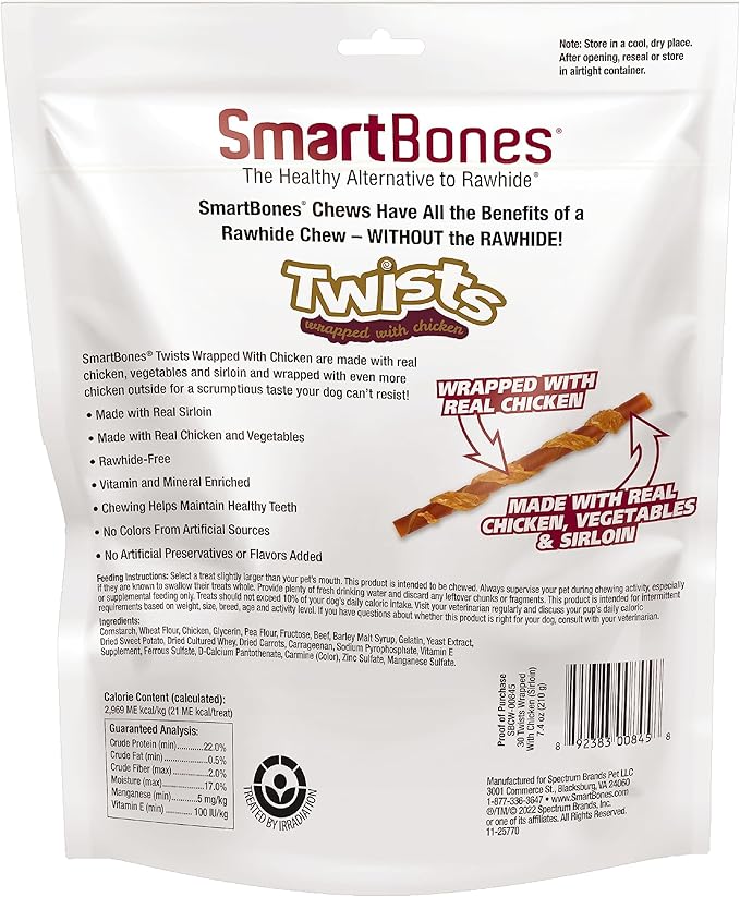 SmartBones Twists Wrapped with Chicken Made with Real Sirloin, 30 Count, Treat Your Dog to a Rawhide-Free Chew, 1 Count (Pack of 1)