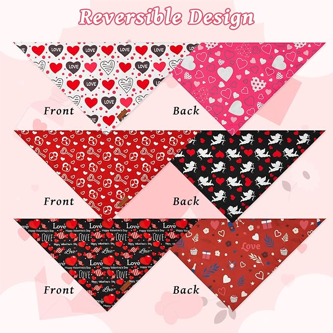 Vehomy 3-Pack Valentine's Day Dog Bandana Reversible Dog Bandanas Love Heart Dog Scarfs Cat Triangular Bibs Pet Valentine Love Bandanas Scarves for Small Medium Large Dogs S
