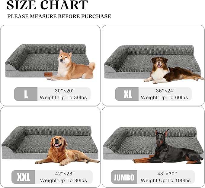 Orthopedic Jacquard XXL Dog Bed for Extra Large Dogs 48''X30'', Waterproof L Shaped Big Dog Sofa Pet Bed with Washable Removable Cover, Non-Slip Soft Comfortable Pet Couch Sleep Mat, Grey