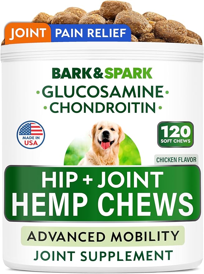 Bark&Spark Advanced Hemp Chews for Dog Joint Pain Relief - Glucosamine Chondroitin Hemp Treats Hip Joint Health - Joint Supplement Large Breed & Small - Hemp Treats Joints Old Senior Dog (120Ct)