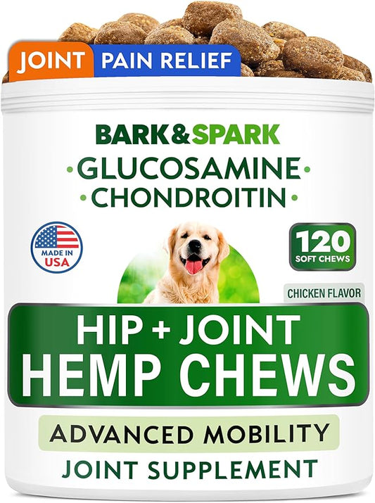 Bark&Spark Advanced Hemp Chews for Dog Joint Pain Relief - Glucosamine Chondroitin Hemp Treats Hip Joint Health - Joint Supplement Large Breed & Small - Hemp Treats Joints Old Senior Dog (120Ct)