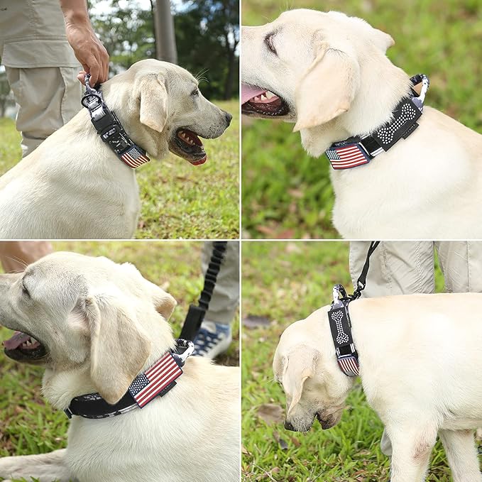 Hotsky Tactical Dog Collar, Adjustable Military Training Nylon Airtag Collar with Handle and Heavy Duty Metal Buckle for Medium Large Dogs, with Airtag Holder and Two Patches(XL)