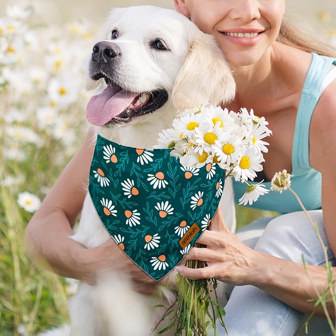 Spring Dog Bandanas with Snap Button, 2 Pack Floral Dog Scarf for Boy & Girl, Durable Fabric, Adjustable Fit, Unique Shape, Gift for Dogs, Daisy Bandana for Large and Extra Large Dogs (X-Large)