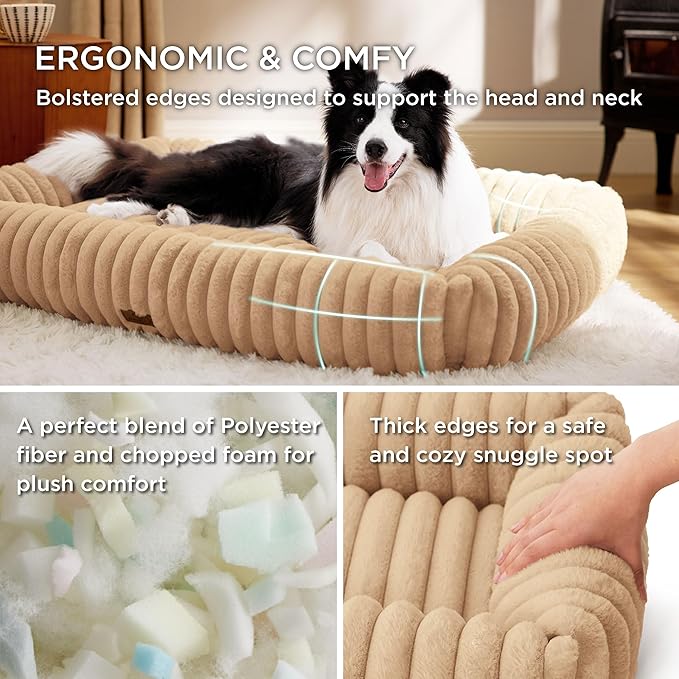 Bedsure Washable Dog Bed for Medium Dogs - Cute Furry Puppy Beds, Rectangle Orthopedic Corduroy Fleece Pet Beds with Removable Zipper Cover, 36x27x8inches, Sandy Tan