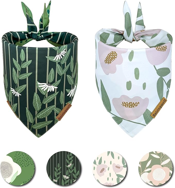 Summer Dog Bandanas 2 Pack, 4 Pattern Reversible Dog Bandana, Adjustable, Washable, Summer Floral Triangle Scarf for Small to Medium Breed Dogs, boy and Girl (Small)