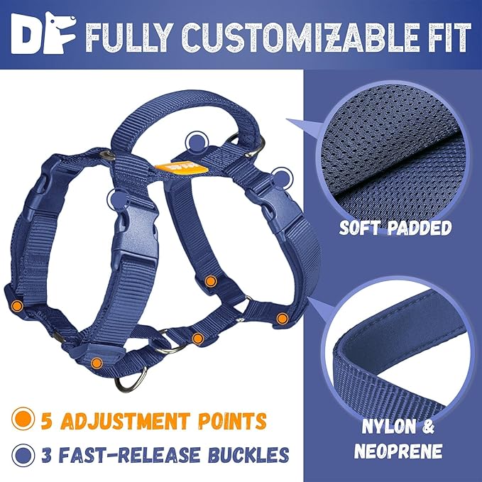 DF Martingale No Pull Dog Harness and Two Point Control Training Leash for Dog Walking Only Works with Martingale Harnesses, Dark Navy Blue, Chest 22"-28"