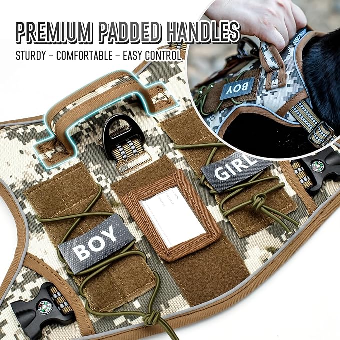 Tactical Dog Harness for Medium Large Dogs, Heavy Duty Dog Harness with ID Card, Reflective Hiking Harness for Training Easy Control Dog Vest with Handle Desert Camo