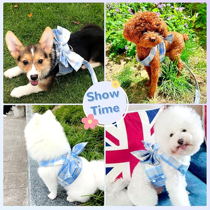 Cute Dog Harness and Leash Set with Bow Tie Soft Mesh Plaid Girl Puppy Harness No Pull Pet Cat Dog Vest Harness for Small Dogs Chihuahua Rabbit Outfit (Blue,S)