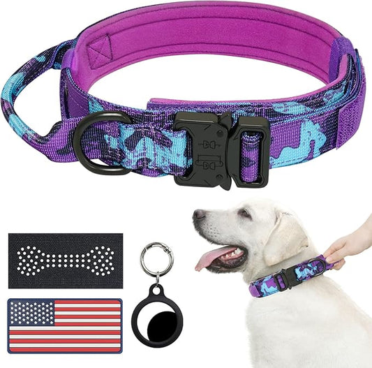 Hotsky Tactical Dog Collar, Adjustable Military Training Nylon Airtag Collar with Handle and Heavy Duty Metal Buckle for Medium Large Dogs, with Airtag Holder and Two Patches(Purple Camo,M)