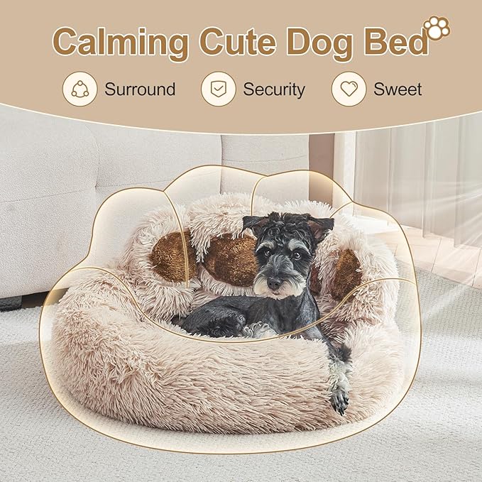 Jiupety Paw Shape Calming Pet Bed, Medium Plush Faux Fur Donut Bed for Dogs & Cats, Machine Washable, Non-Slip Bottom, Extra Large Size (32"×32"×10"), Camel