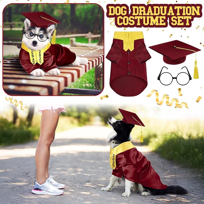 5 Pcs Dog Graduation Costume Set Include 2025 Pet Graduation Gown with Stole Puppy Grad Cap Lensless Glasses DIY Letter Stickers for Dogs Cats Holiday Costume Accessory(Maroon Yellow,L)