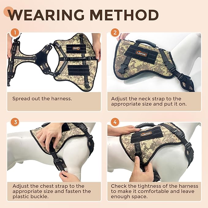 Multicam Tactical Dog Harness for Large Dogs, No Pull Adjustable Dog Harness with Water Bottle Bag and Pocket, Adjustable Reflective K9 Training Vests for Dogs for Training, Walking, Hiking L