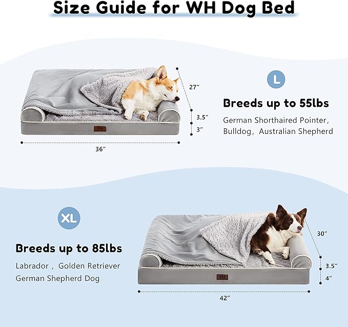 WESTERN HOME Orthopedic Dog Beds for Large Dogs, Foam Pet Sofa with Hooded Blanket, Removable Washable Cover and Nonskid Bottom, Dog Couch Bed for Comfortable Sleep