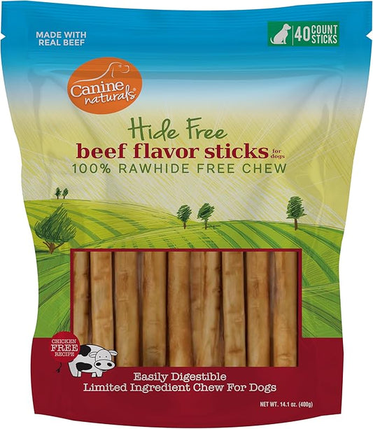 Canine Naturals Beef Chew - Rawhide Free Dog Treats - Made with Real Beef - Poultry Free Recipe - All-Natural and Easily Digestible - 40 Pack of 5 Inch Stick Chews