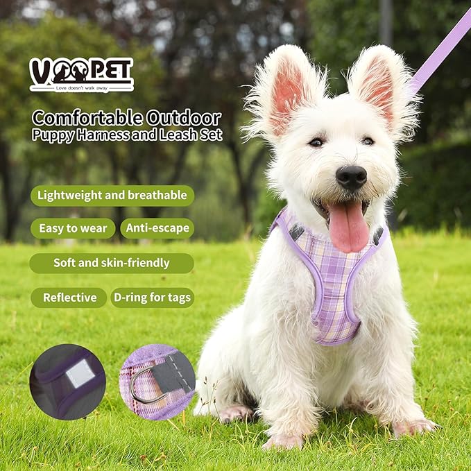 voopet Small Dog Harness and Leash Lightweight Cat Comfort Padded Soft Mesh Vest Step in Dog Harness No Pull No Choke Reflective Small Plaid Girl & Boy Puppy Kitty Walking Harness, Purple L