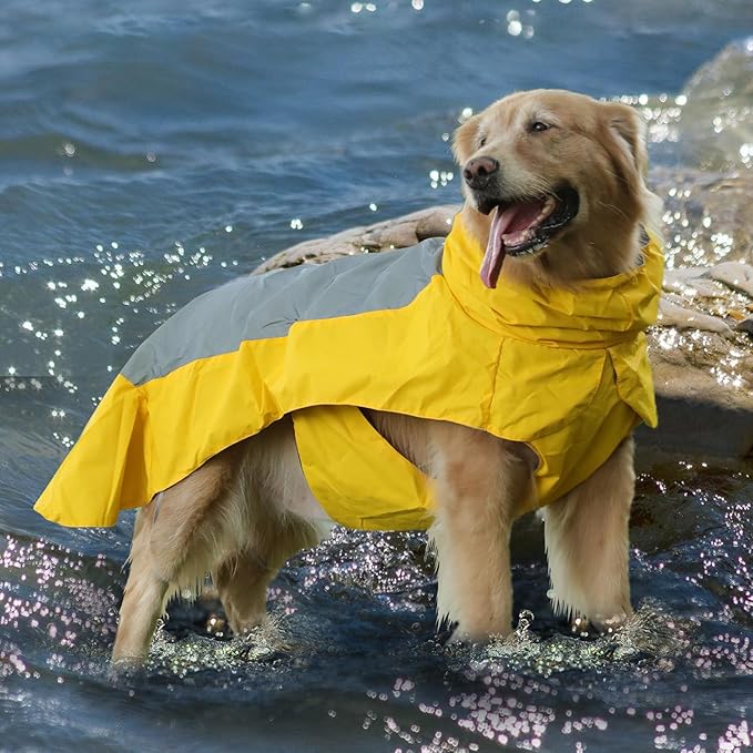 Dog Raincoat with Harness Built in,Outdoor Waterproof Puppy Rain Jacket for Large Dogs,Adjustable Waist by Strap Doggie Rain Coats,Yellow XL