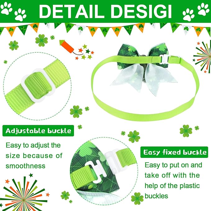 Maitys 40 Pcs St. Patrick's Day Cat & Dog Bow Ties - Adjustable Clover Pattern Neckties for Festival & Party Grooming Accessories