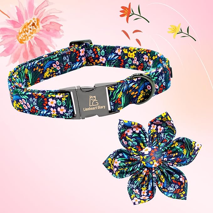 Lionheart glory Dog Collar Darkblue Flower Dog Bow Collars Floral Dog Collar with Flower Male or Female Spring Fall Pet Gift Durable Adjustable Dog Collar for Large Dogs