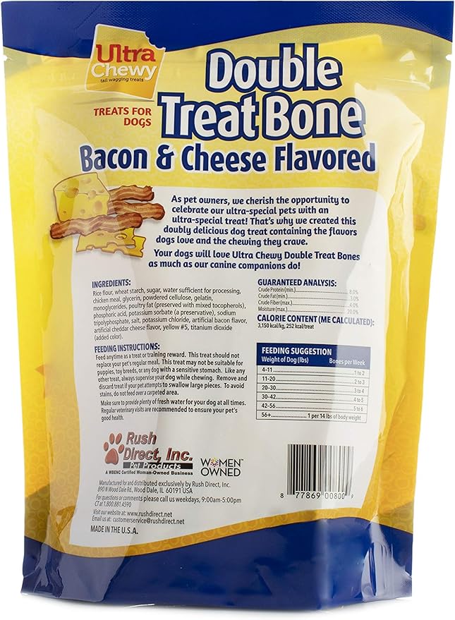 Ultra Chewy Double Treat Bones: Long-Lasting Dog Treats Made in USA for Large and Small Breeds, Highly Digestible, Ideal for Aggressive Chewers (Bacon & Cheese, 2 Value Packs)