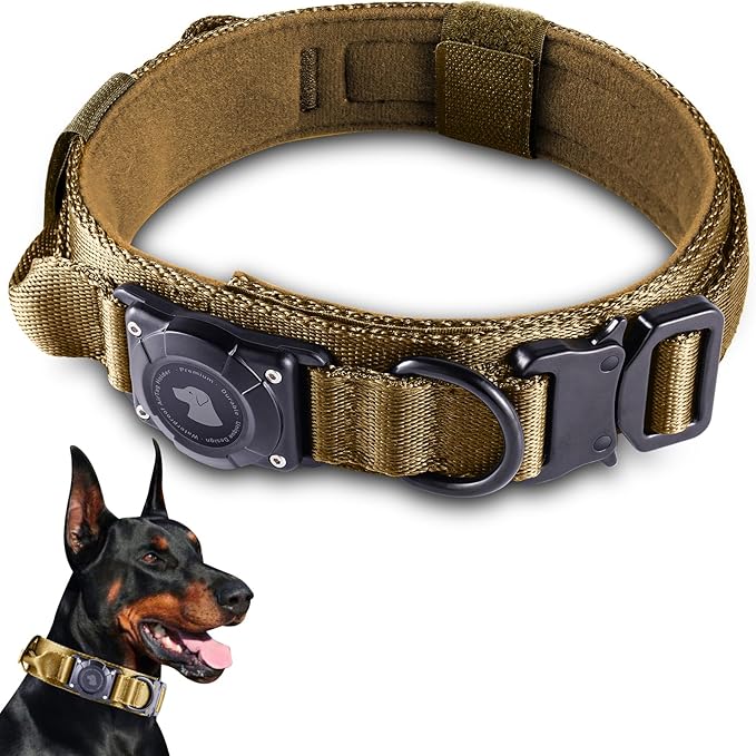 2025 Upgrade Waterproof AirTag Dog Collar, Military Tactical Dog Collar with AirTag Holder, Comfortable Control Handle and Metal Buckle, GPS Dog Collar Holder for Medium to Large Dogs (Khaki, M)