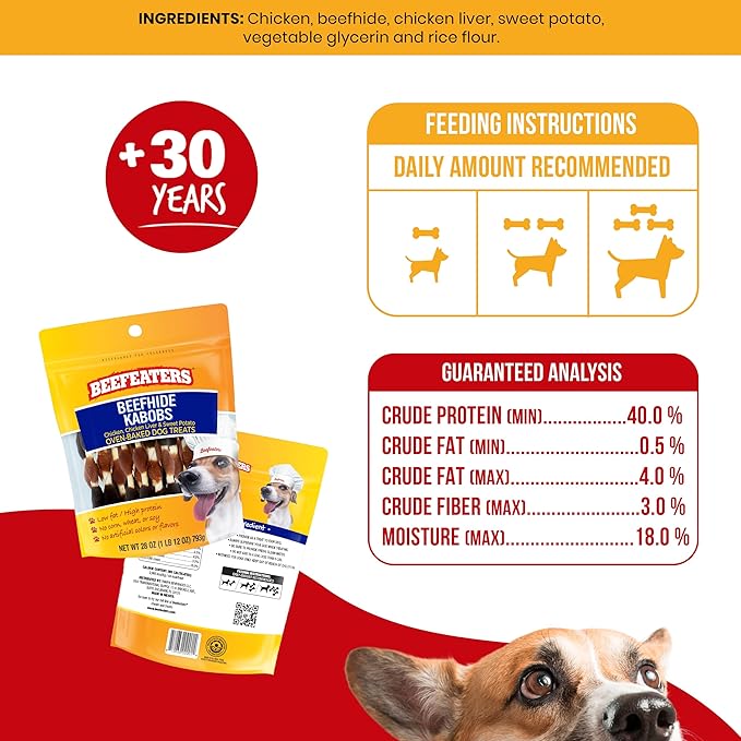 Beefeaters Beefhide Kabobs 28oz – Dog Treat. Triple Flavor with Real Chicken, Liver & Sweet Potato, Long-Lasting Chew, Supports Dental Health, Ideal for Training