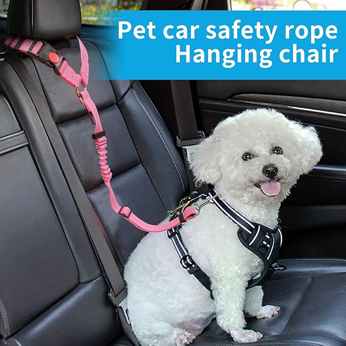 YAOHDAO Dog Seat Belt Harness for Car, Restraint Adjustable with Elastic Bungee Buffer Headrest for Vehicle, 360 Degree Swivel Nylon Pet Safety Seat Belts Heavy Duty Car Harness for Dogs (Pink)