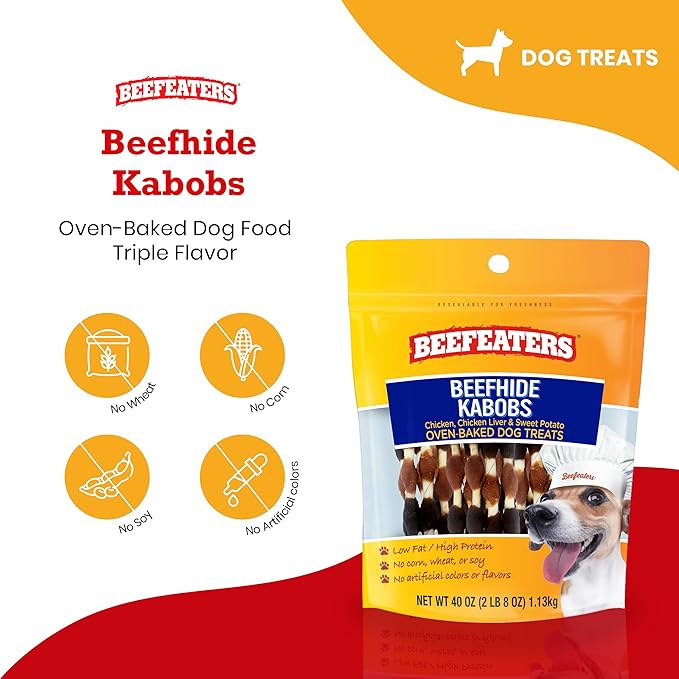 Beefeaters Beefhide Kabobs 40oz – Dog Treat. Triple Flavor with Real Chicken, Liver & Sweet Potato, Long-Lasting Chew, Supports Dental Health, Ideal for Training