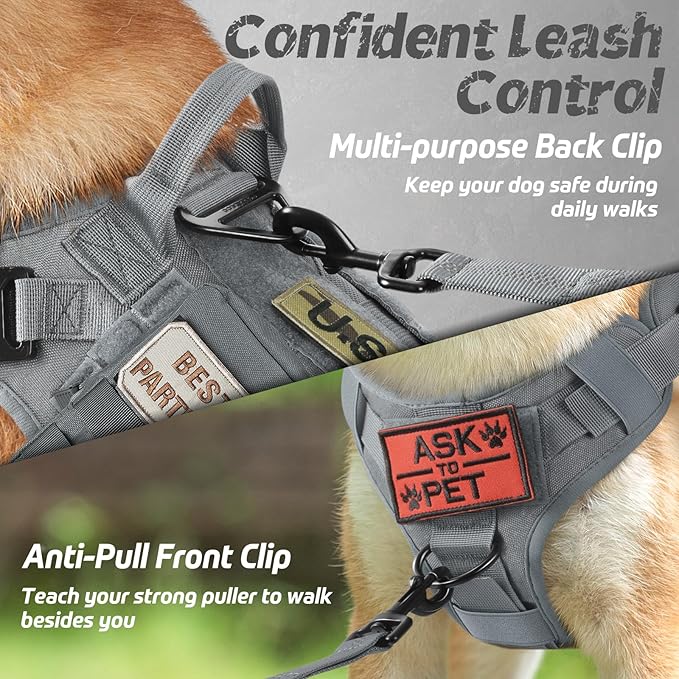 rabbitgoo Tactical Dog Harness Medium Sized, Heavy Duty Pet Harness with Handle, No-Pull Service Vest Medium Breed, Adjustable Military Dog Vest for Training Hunting Walking, Grey, M