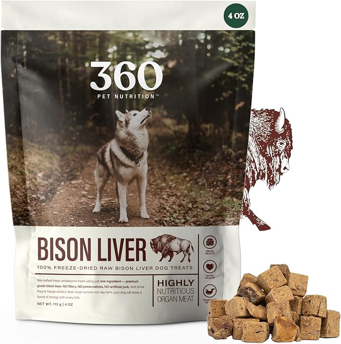 360 Pet Nutrition Freeze-Dried Raw Bison Liver Dog or Cat Treats/Bites, 1-Ingredient, High Protein, No Grain, Made in USA, All-Natural, 4 oz (Bison Liver), Healthy, Training Snacks, Premium Quality.